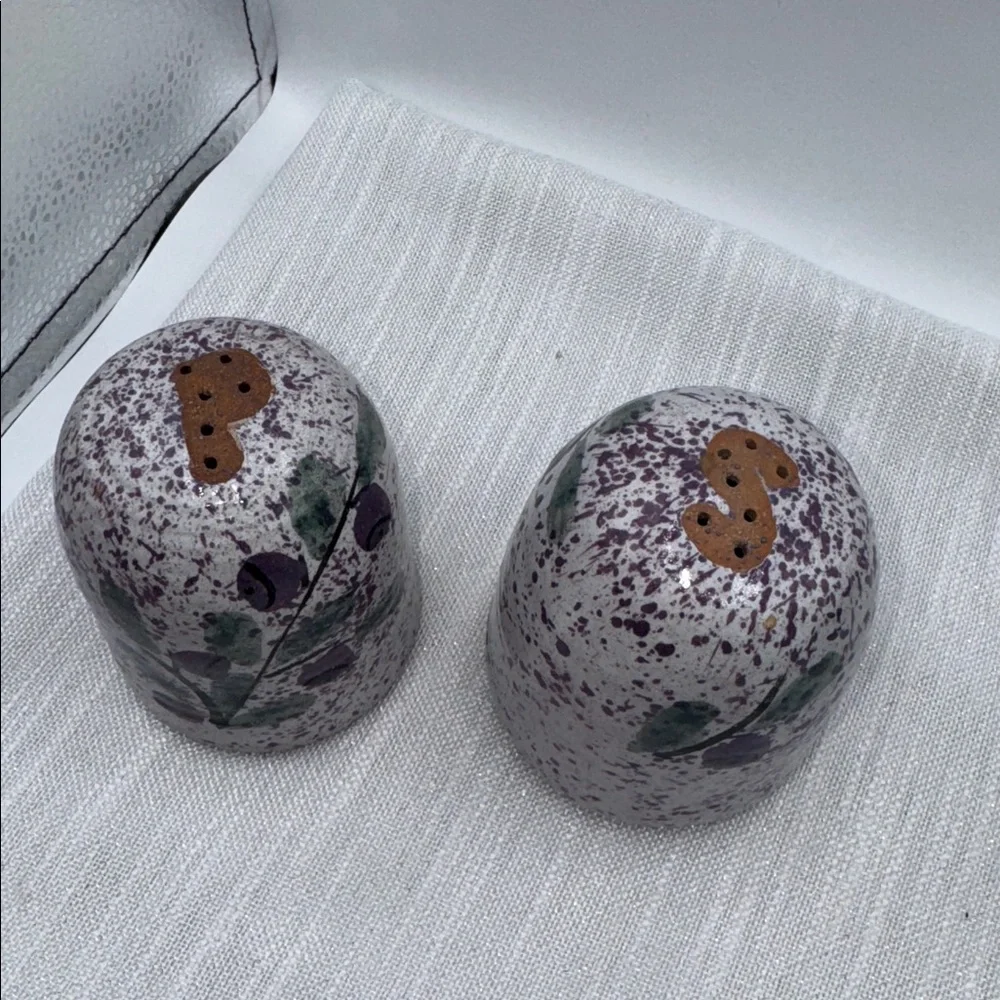 Salt and pepper shaker clay pottery poss. Mexico, purple floral speckled design
